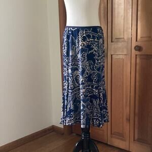 Snoskins Blue & Cream Stretch Pull On Midi Skirt, Size S